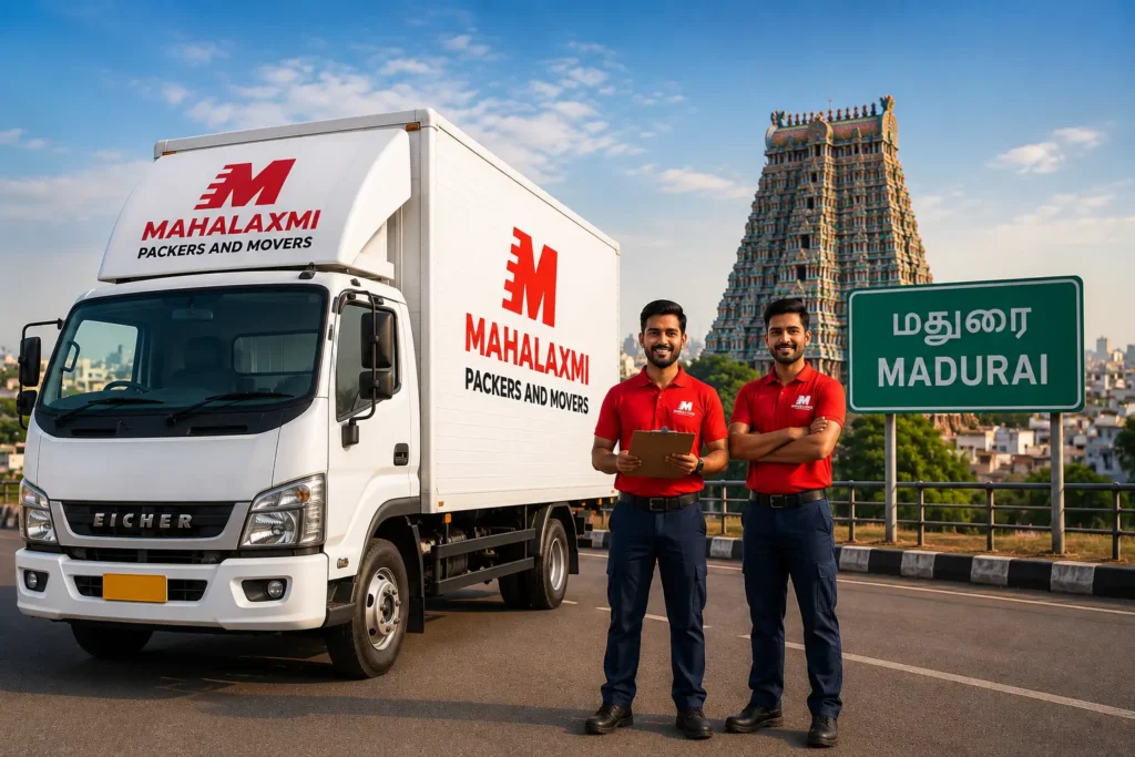 Mahalaxmi Packers and Movers truck with professional staff near Meenakshi Amman Temple in Madurai offering house shifting, office relocation and transport services.