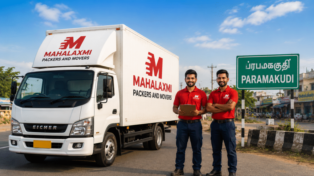 Mahalaxmi Packers and Movers truck with staff in Paramakudi