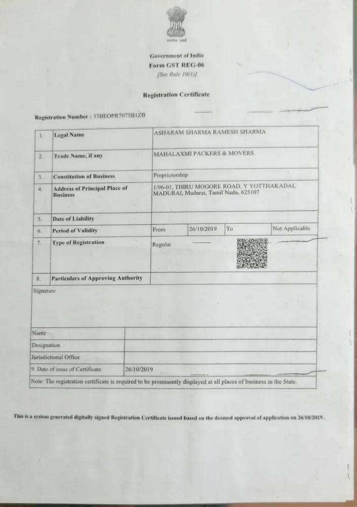 GST Registration Certificate of Mahalaxmi Packers & Movers Madurai